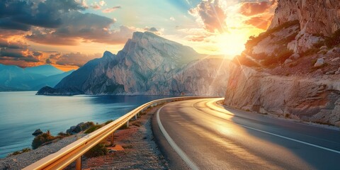 Empty highway on the background of steep mountain peaks, sea coast on one side of the road, sky illuminated by the sun rays at sunset