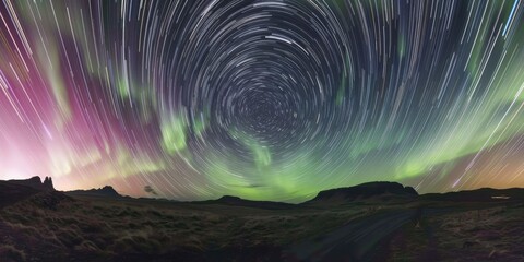 Wall Mural - Incredible aurora borealis in night sky full of bright stars, long exposure photo, beautiful landscape