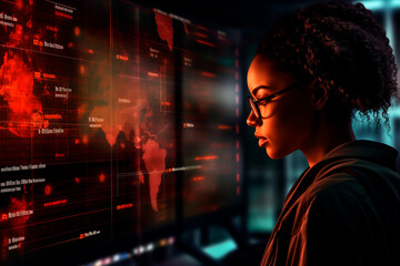 Poster - AI cyber security threat illustration, black african american female IT specialist analysing data information technology, augmented reality artificial intelligence collage