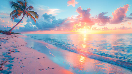 Wall Mural - Palm tree leaning over tranquil tropical beach at sunset with pink and blue sky