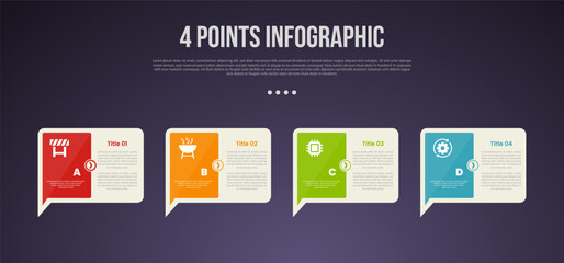 Sticker - 4 points or step process infographic with creative callout box with sharp arrow bottom with modern dark style for slide presentation