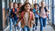 © ORG - A happy diverse school children running in school corridor.