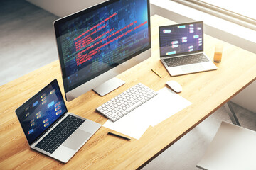 Poster - Computer monitor with abstract creative programming illustration, big data and blockchain concept. 3D Rendering