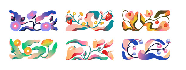 Wall Mural - colourful plants, leaves in gradient style set. botanic decoration. modern flowers, twisted foliage,