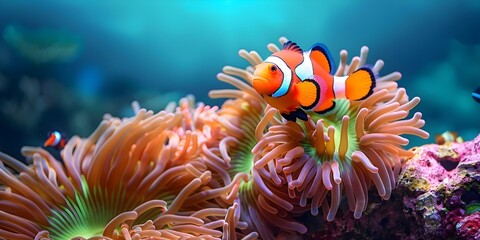Compelling photo of clownfish and anemone highlighting coral reef ecosystem balance. Concept Clownfish, Anemone, Coral Reef, Ecosystem Balance, Underwater Photography