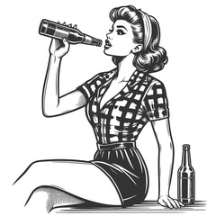 Wall Mural - woman drinking beer from a bottle while sitting sketch engraving generative ai fictional character raster illustration. Scratch board imitation. Black and white image.