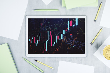 Poster - Modern digital tablet screen with abstract financial diagram, banking and accounting concept. Top view. 3D Rendering