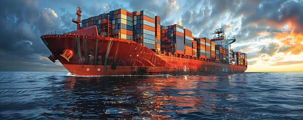 Poster - Editorial photography of a cutting-edge cargo container ship integrating modern technology for global logistics, showcasing world maps and supply chain networks