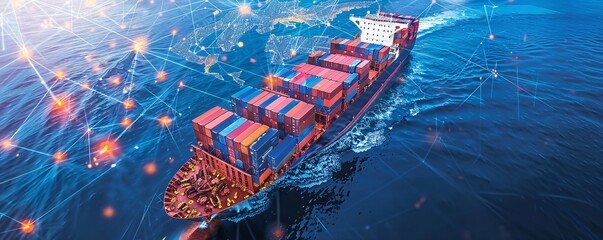 Poster - Magazine cover featuring a futuristic cargo container ship with advanced global logistics technology, detailed world maps, and interconnected supply chain networks