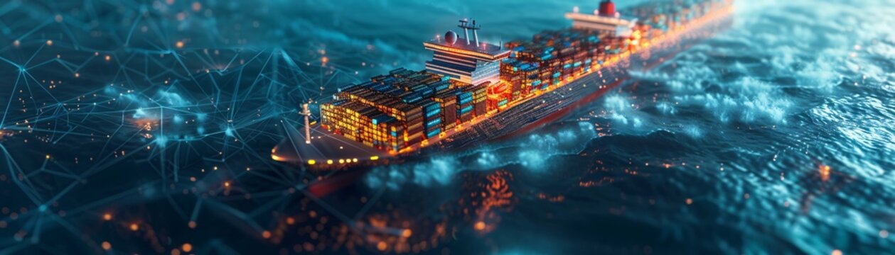 Futuristic cargo container ship utilizing advanced technology for global logistics, featuring world maps and supply chain networks, captured in a dramatic documentary photography style