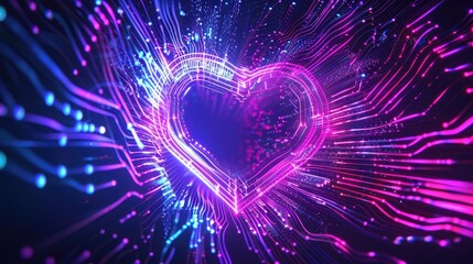 Wall Mural - A digital or tech-inspired abstract design featuring an array of neon blue and purple circuit lines converging into a glowing, digital heart symbol in