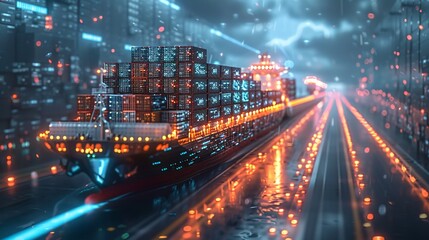 Poster - Futuristic cargo container ship utilizing advanced technology for global logistics, featuring world maps and supply chain networks, captured in a dramatic documentary photography style
