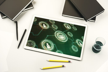 Poster - Modern digital tablet monitor with social network icons concept. Marketing and promotion concept. Top view. 3D Rendering