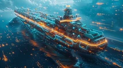Poster - magazine cover featuring a futuristic cargo container ship with advanced global logistics technology