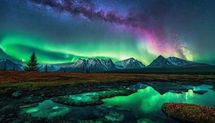 Aurora borealis in the mountains with silhouette of a forest