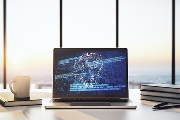 Poster - Creative concept of code skull illustration on modern laptop screen. Hacking and phishing concept. 3D Rendering