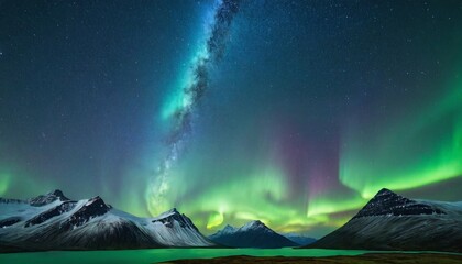 Aurora borealis in the mountains with silhouette of a forest