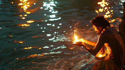 A devout Hindu worshipper holds aarti lamp while standing on the steps of Ganges River.