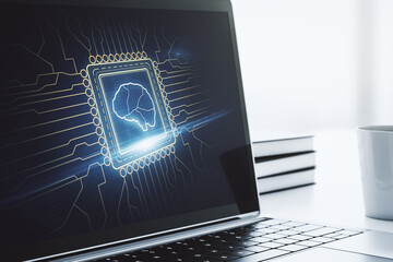 Aufkleber - Modern computer display with creative human brain microcircuit. Future technology and AI concept. 3D Rendering