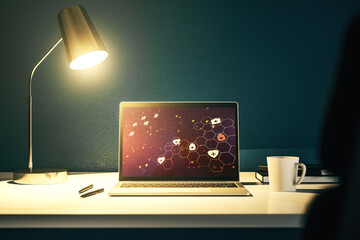 Poster - Creative abstract medical sketch on modern laptop monitor, Medicine and healthcare concept. 3D Rendering