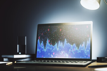 Poster - Stats data illustration on modern laptop monitor, computing and analytics concept. 3D Rendering