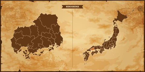 Wall Mural - Hiroshima state map, Japan map with federal states in A vintage map based background, Political Japan Map