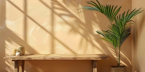 Canvas Print - Peaceful corner with tropical plant and wooden table showcasing health products with beige wall shadows providing ideal backdrop for copy space