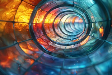 Poster - Abstract design of a colorful spiral tunnel with vibrant light effects and patterned textures