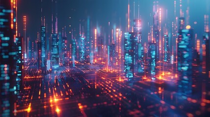 Poster - Futuristic Cityscape with Glowing Data Visualization and Broadband Network Signals in a Vibrant Nighttime Urban Landscape