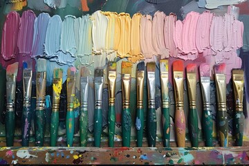 Poster - A beautiful array of multicolored paintbrushes aligned above their corresponding paint strokes