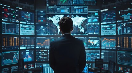 Poster - Businessman Analyzing Global Financial Markets on Digital Screens for Financial Planning