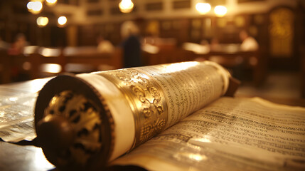 Jewish man reads Torah scroll in synagogue, surrounded by religious artifacts and prayer shawls.