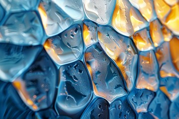 Poster - A macro shot of a honeycomb pattern formed by translucent materials with a gradient of blue and yellow