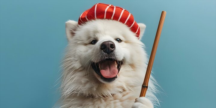 Happy Samoyed dog in a striped red beret against a blue background. Concept Pets, Photography, Outfit, Props, Portrait