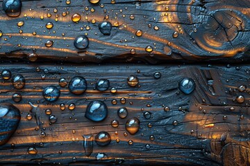 Poster - High-resolution photo of clear water droplets on a dark wooden background