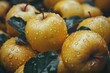 © Larisa AI - Close-up of ripe yellow apples with water droplets, emphasizing freshness and organic quality