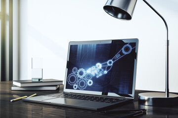 Aufkleber - Creative concept of robotics technology on modern laptop screen. Robot development and automation concept. 3D Rendering