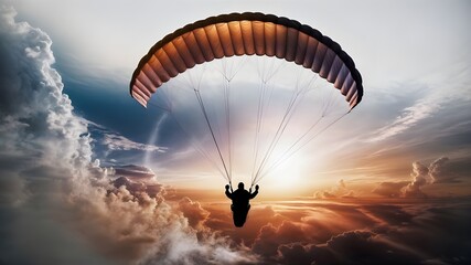 A parachute with a man on it and the parachute is flying in the sky.