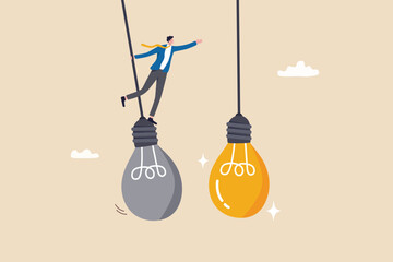 Poster - Change or transformation to new opportunity, change to new job, better career, improvement or move to different company, decision for new chance concept, businessman jump from old to bright lightbulb.