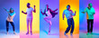 © master1305 - Full-length image of men and women in casual clothes listening to music in headphones and dancing against multicolored background in neon. Concept of human emotions, diversity, facial expression. Ad