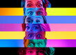 © master1305 - Collage made of different people. Male and female eyes placed in narrow stripes, expressing shock and surprise against multicolored background in neon. Concept of human emotions, facial expression. Ad