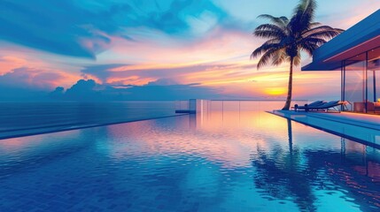 Wall Mural - A luxury modern beach hotel with an infinity swimming pool and ocean view. Vacation home or resort