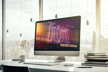 Poster - Creative IOT hologram on modern laptop monitor, internet of things concept. 3D Rendering
