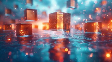 Poster - Illuminated cubes reflecting off a watery surface set against a blue background with a magical atmosphere