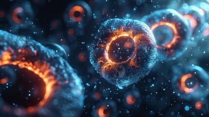 Poster - High-definition computer-generated image showing intricate glowing cellular structures, symbolizing biological research or life sciences