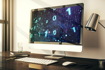 Aufkleber - Creative abstract binary code sketch on modern laptop monitor, hacking and matrix concept. 3D Rendering