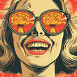 © Andrii Fanta - A smiling woman wearing sunglasses with a nuclear explosion reflected in the lenses, illustrated in a bold comic style