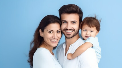 Close up photo of cheerful lovely family  over a blue pastel color background