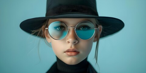 Wall Mural - Young girl with hat and mirrored glasses. Concept Fashion, Accessories, Styling, Trends, Sunglasses