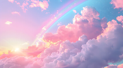 Wall Mural - The sun is peeking through the clouds, painting the sky with an azure hue while a rainbow stretches across the atmospheric phenomenon, creating a stunning afterglow of pink and orange sunlight